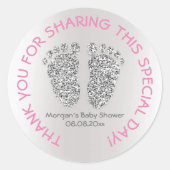 Silver Pink Glitter Feet Baby Shower Favour Thank Classic Round Sticker (Front)