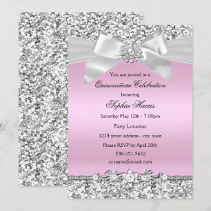 Silver Pink Glitter Jewel Bow Quinceanera Birthday Invitation