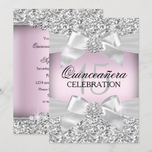 Silver Pink Glitter & Jewel Bow Quinceanera Invite