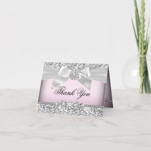 Silver Pink Glitter & Jewel Bow Thank You Card