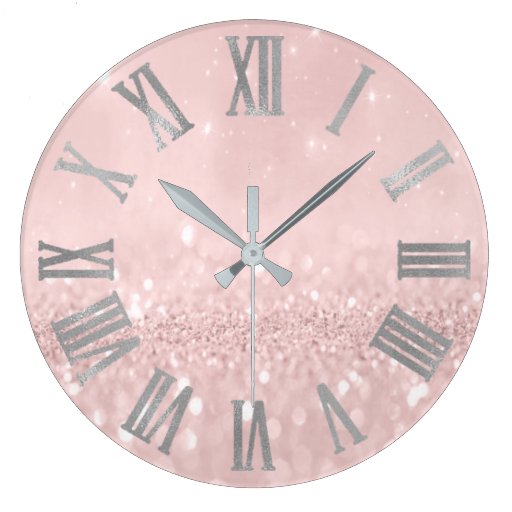 Image of Silver Pink Glitter Minimal Metallic Roman Numers Large Clock