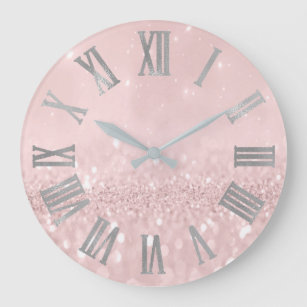 Silver Pink Glitter Minimal Metallic Roman Numers Large Clock