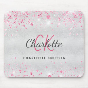 Silver pink glitter monogram name metallic mouse mat
