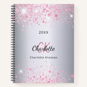 Silver pink glitter name monogram  notebook