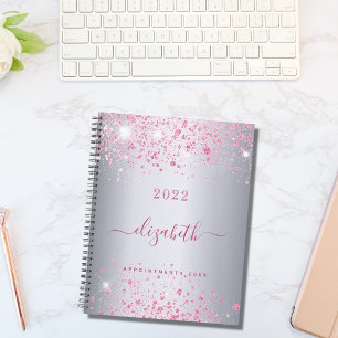 Silver pink glitter name monogram script 2025 planner