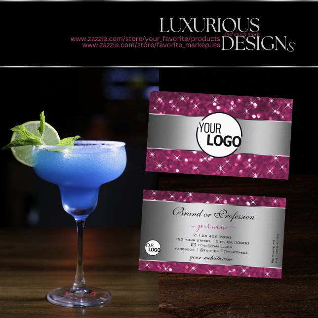 Silver Pink Glitter Sparkle Luminous Stars Logo  Business Card (Creator Uploaded)