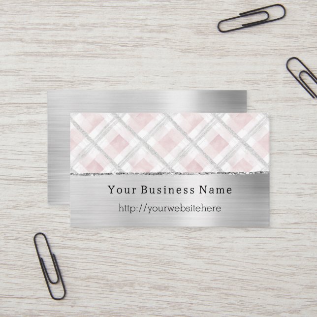 Silver Pink Glitzy Stripes Business name website Business Card (Front/Back In Situ)