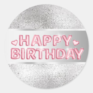Silver pink happy birthday 3d wishes girls party classic round sticker