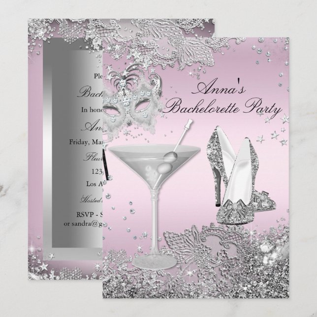 Silver Pink Mask & Jewel Lace Bachelorette Party Invitation (Front/Back)