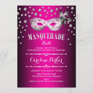Silver Pink Masquerade Ball Birthday Party Invitation