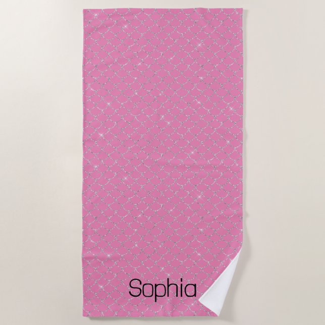 Silver Pink Mermaid Name Beach Towel (Front)