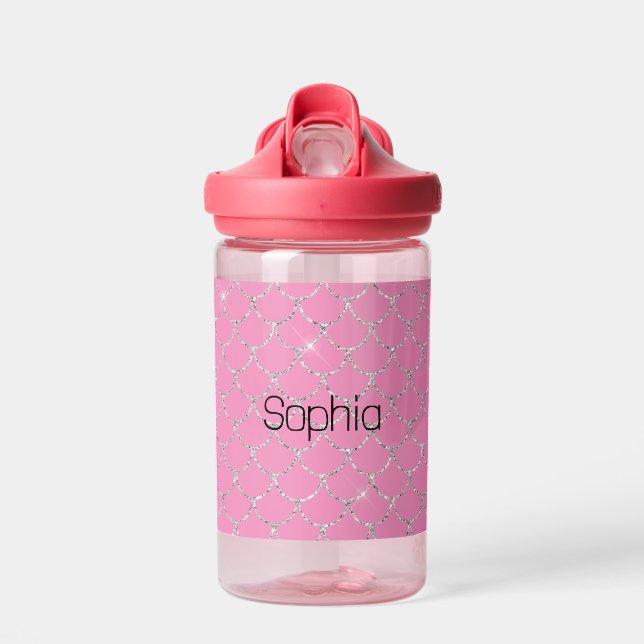 Silver Pink Mermaid Name Water Bottle (Front)