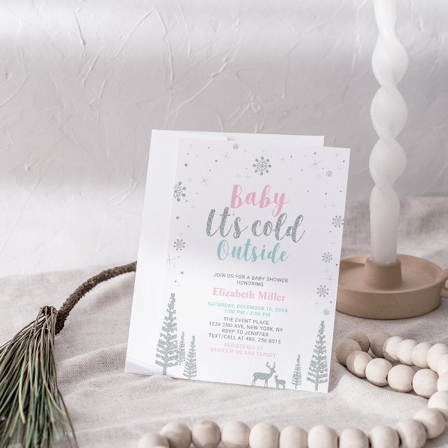 Silver, Pink & Mint Winter Wonderland Baby Shower Invitation (Creator Uploaded)