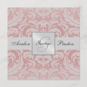 Silver & Pink Monogram Damask Wedding Invitation