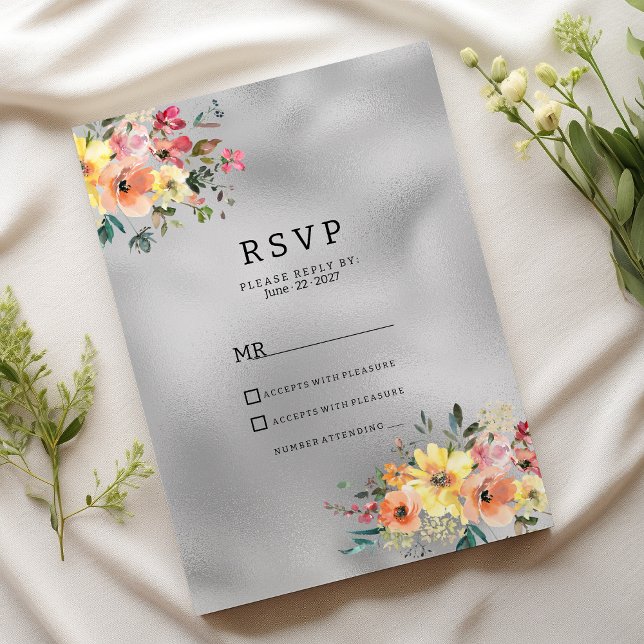 Silver pink orange mint floral theme RSVP  Invitation (Silver pink orange mint floral theme RSVP )