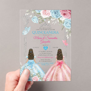Silver Pink & Pastel Blue Butterfly Quinceañera Acrylic Invitations
