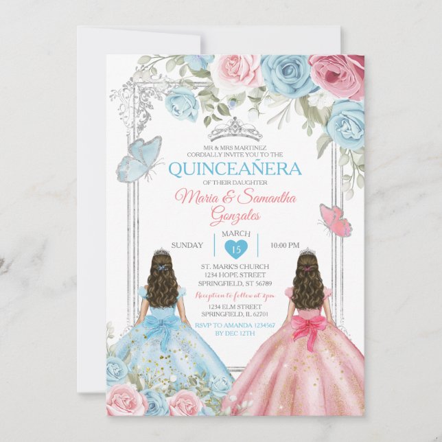 Silver Pink & Pastel Blue Butterfly Quinceañera Invitation (Front)