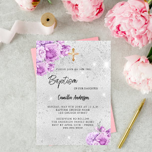 Silver pink pink flowers girl luxury Baptism Invitation