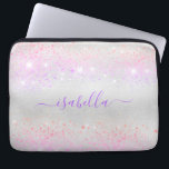 Silver pink purple glitter dust monogram metal laptop sleeve<br><div class="desc">A classic faux silver metallic looking background. Decorted with rainbow coloured glitter dust in pink and purple. Personalise and add your name. The name is written with a modern hand lettered style script with swashes. To keep the swashes only delete the sample name, leave the spaces or emoji's in front...</div>