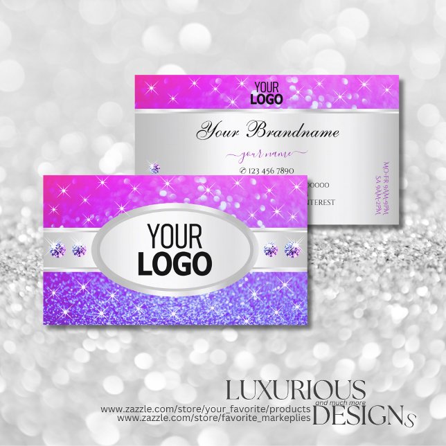 Silver Pink Purple Glitter Stars Diamonds add Logo Business Card (Creator Uploaded)