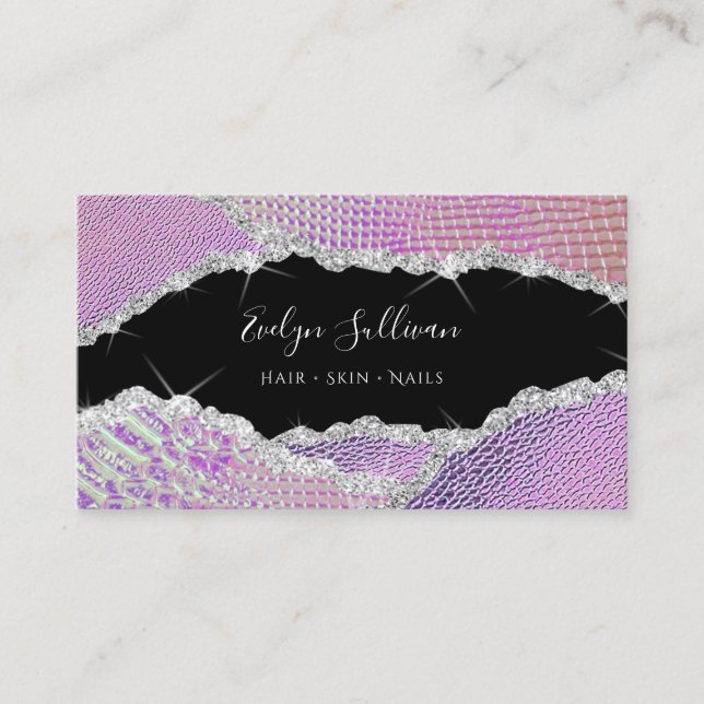 Silver pink purple leather business card (Front)