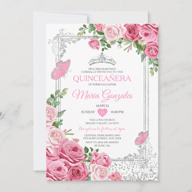 SIlver Pink Quinceañera Crown Butterfly 15 Anos Invitation (Front)