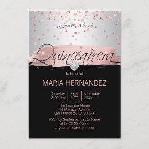 Silver Pink Rose Gold Foil Black QUINCEANERA 15 Invitation