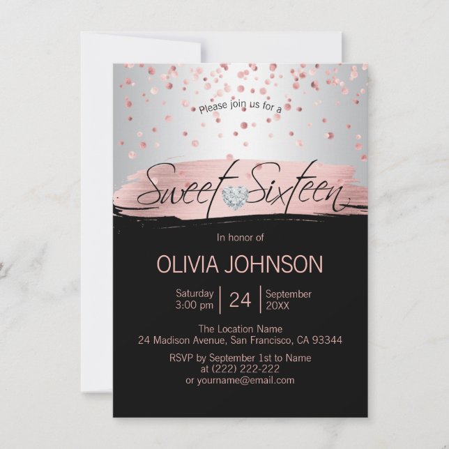 Silver Pink Rose Gold Foil Black SWEET SIXTEEN 16 Invitation (Front)