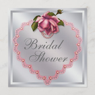 Silver Pink Rose Heart Bridal Shower Invitation