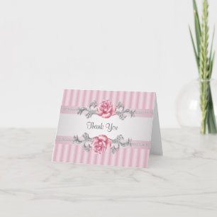 Silver Pink Rose Thank You Cards