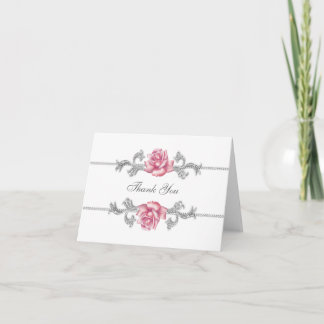 Silver Pink Rose Thank You Cards