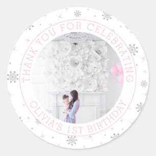 Silver & Pink Snowflake   1st Birthday Party Photo Classic Round Sticker