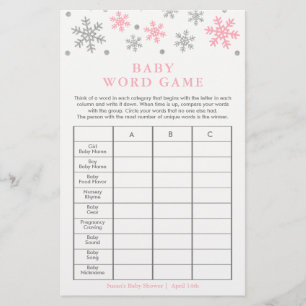 Silver-Pink Snowflake Baby Shower Word Game Card
