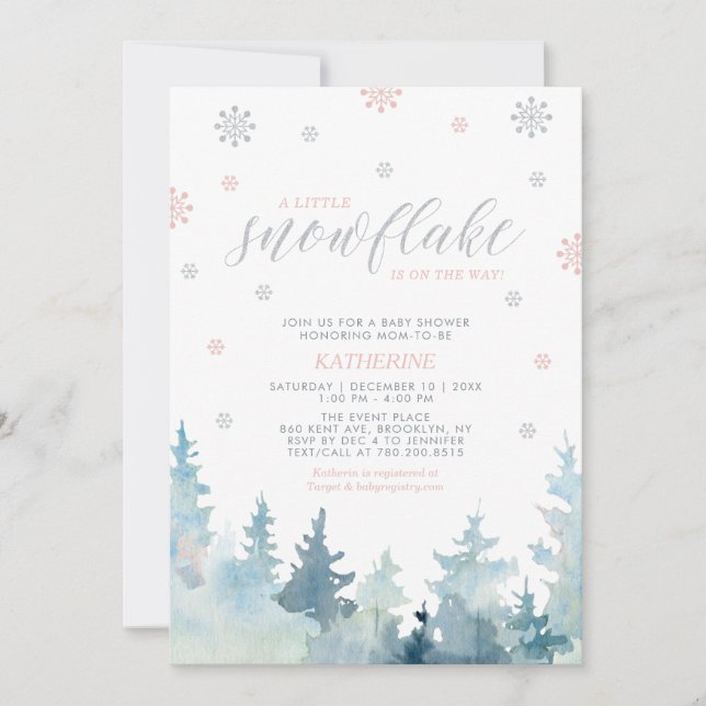 Silver & Pink | Snowflake Winter Baby Shower Invitation (Front)