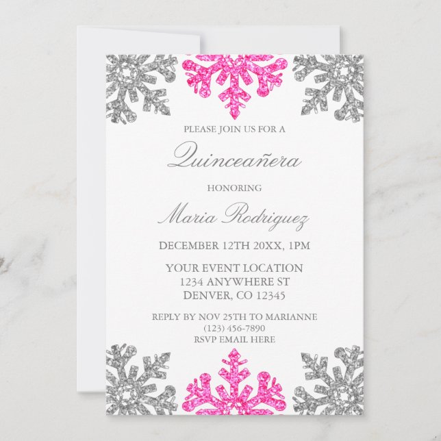 Silver Pink Snowflake Winter Quinceanera Invitation (Front)
