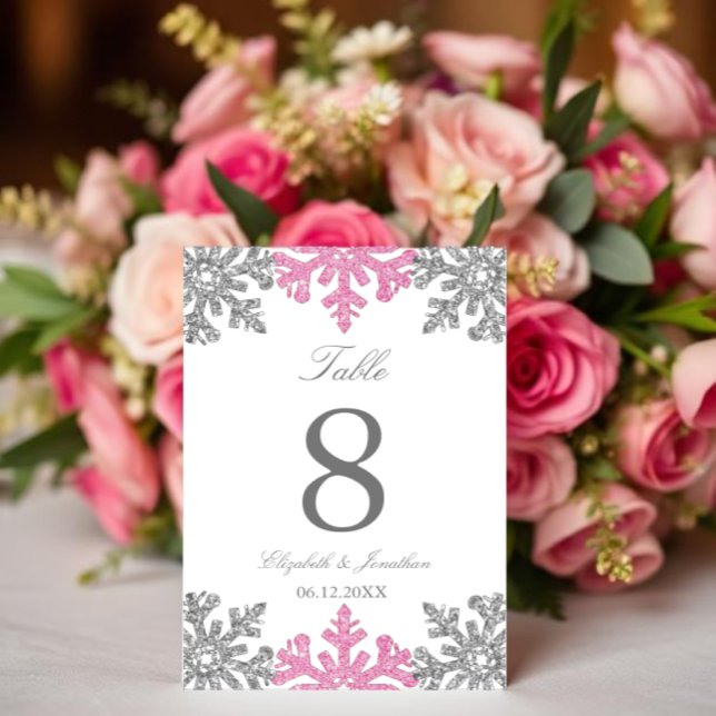Silver Pink Snowflake Winter Wedding Table Number (Creator Uploaded)