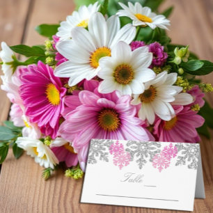 Silver Pink Snowflakes Winter Wedding Place Card