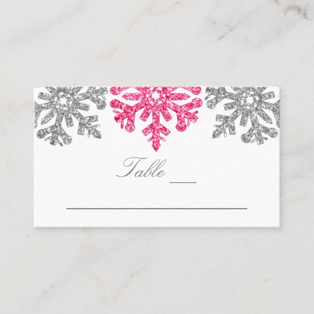 Silver Pink Snowflakes Winter Wedding Place Card (Front)