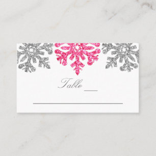 Silver Pink Snowflakes Winter Wedding Place Card