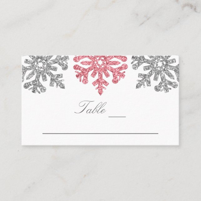 Silver Pink Snowflakes Winter Wedding Place Card (Front)