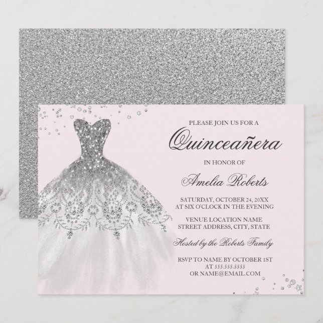 Silver Pink Sparkle Dress Quinceanera Invitation (Front/Back)