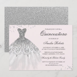 Silver Pink Sparkle Dress Quinceanera Invitation