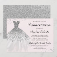 Silver Pink Sparkle Dress Quinceanera Invitation