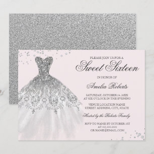 Silver Pink Sparkle Dress Sweet Sixteen Invitation
