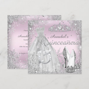 Silver Pink Sparkle Dress Tiara Quinceanera Invitation