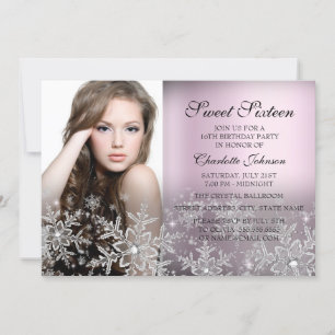 Silver Pink Sparkle Snowflake Photo Sweet 16 Invitation