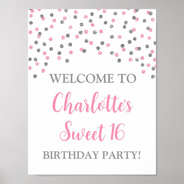 Silver Pink Sweet 16 Birthday Custom 8.5x11  Poster (Front)