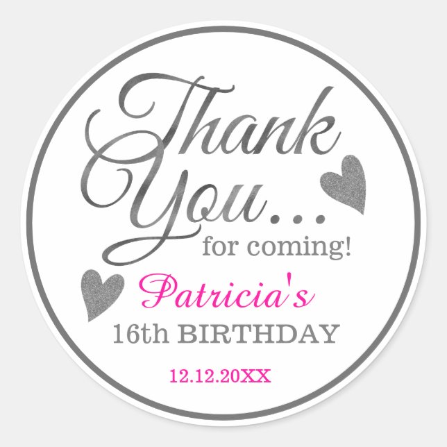 Silver Pink Sweet Sixteen Birthday Thank You    Classic Round Sticker (Front)