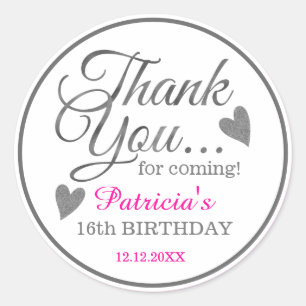 Silver Pink Sweet Sixteen Birthday Thank You Classic Round Sticker