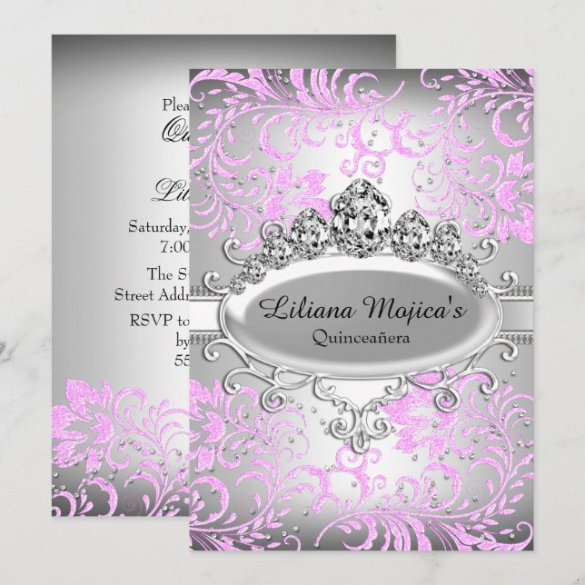 Silver Pink Tiara & Glitter Floral Quinceanera Invitation (Front/Back)